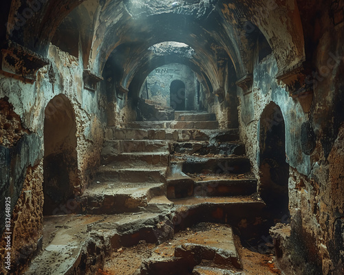 Ancient underground city, grand ruins, half-buried in earth, telling tales of a forgotten civilization under the surface photo