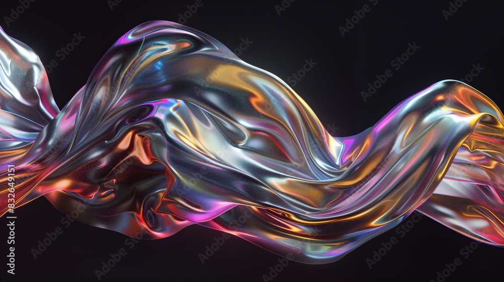 Obraz premium Closeup of swirling holographic flowing forms and curves on a black solid background.