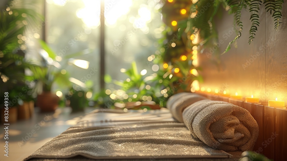 Fototapeta premium Serene spa ambiance with candles and towels
