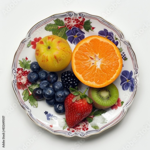 A plate of fruits close-up  isolated on a white background. Illustration for advertising healthy eating  vegetarianism  healthy lifestyle