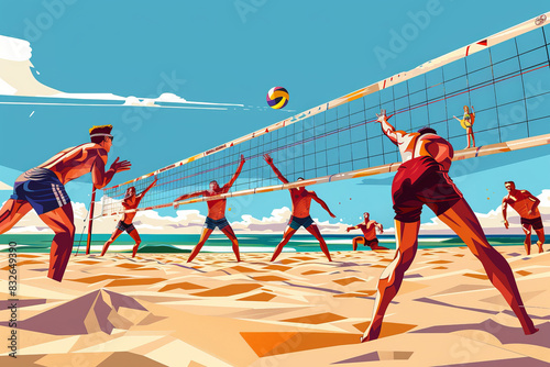 Dynamic beach volleyball match illustration