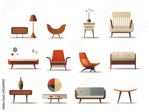 Modern furniture vector illustration set. Cartoon flat furnishings design with sofa armchair, lamp, table, house plants. Designer trendy items for home apartment or office interior isolated on white