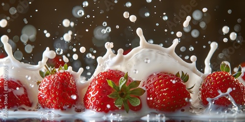 Milk splashing around strawberries, vibrant and dynamic, closeup, highresolution image, isolated background, copy space