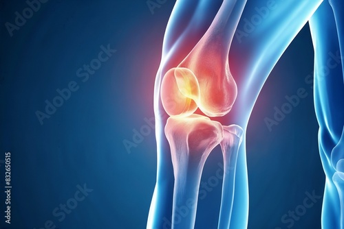 A medical illustration of a human knee joint showing inflammation and pain with a highlighted area in red.