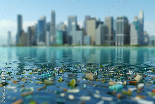 floating plastic waste in the river at the big city filled with skyscrapers bokeh style background