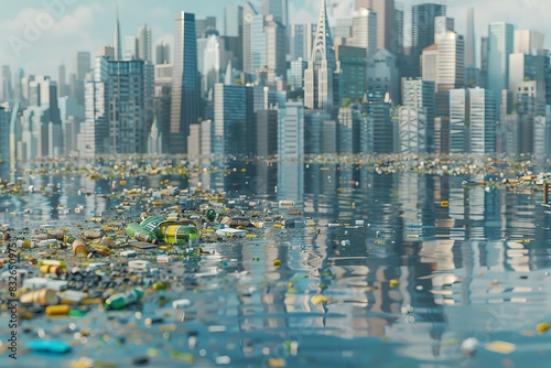 floating plastic waste in the river at the big city filled with skyscrapers