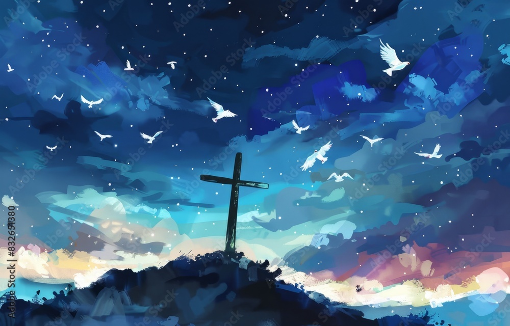abstract illustration of cross on hill with white doves, night sky, blue background Generative AI abstract illustration of cross on hill with white doves, night sky, blue background Generative AI