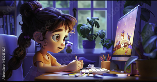 A diligent girl is working on the computer at home, 24 solar terms poster, fantasy, landscapes, Blender, Toy/ Doll, Cute, Character