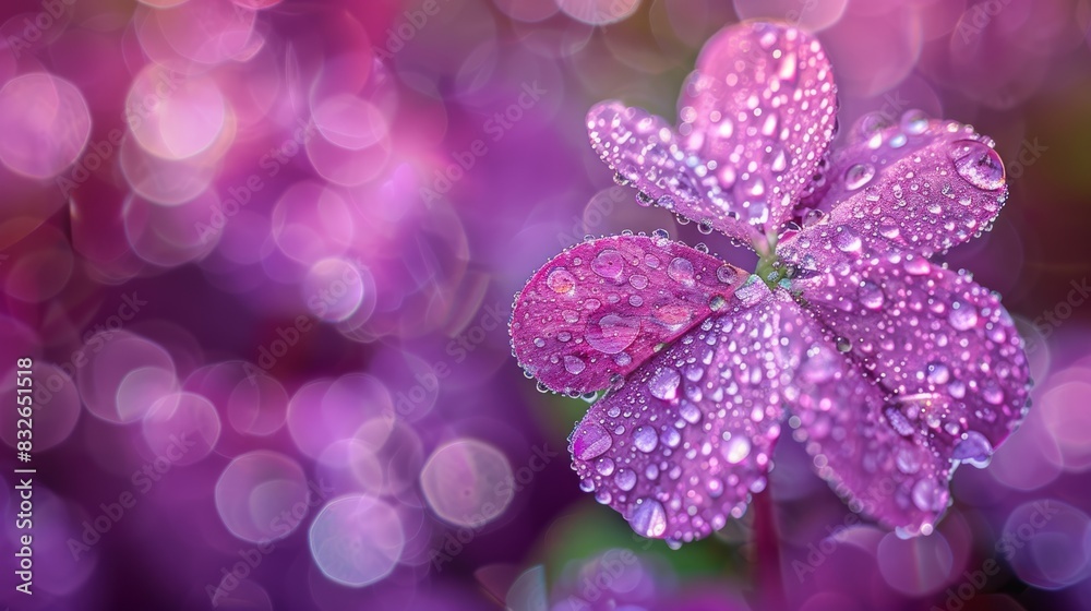 A detailed close-up of a four-leaf clover covered in tiny water droplets, set against a vibrant purple background, symbolizing luck and nature's beauty. A detailed close-up of a four-leaf clover covered in tiny water droplets, set against a vibrant purple background, symbolizing luck and nature's beauty.
