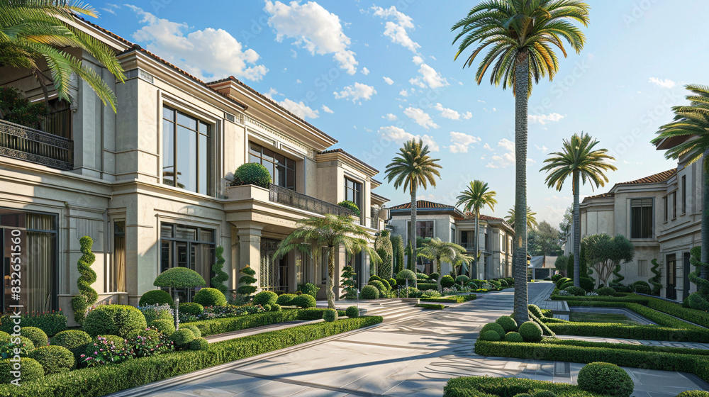 Grand entrance and sprawling gardens adorn this luxurious villa exterior.