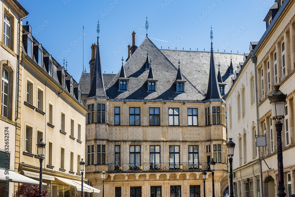 Architectural fragments of Grand Ducal Palace (Palais grand-ducal), palace in Luxembourg City, in southern Luxembourg, is the official residence of the Grand Duke of Luxembourg. Luxembourg City. Architectural fragments of Grand Ducal Palace (Palais grand-ducal), palace in Luxembourg City, in southern Luxembourg, is the official residence of the Grand Duke of Luxembourg. Luxembourg City.