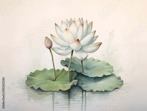 Blooming white lotus flowers with green leaves and buds