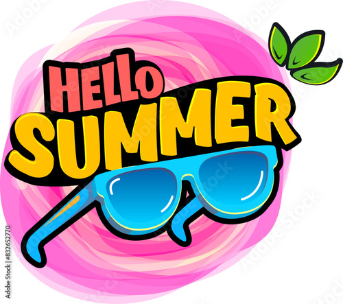 Groovy Hello summer vector logo with text and vintage retro blue sunglasses isolated on background. Hello summer pink label, icon, print, banner design template with cartoon sunglasses, summer vibe