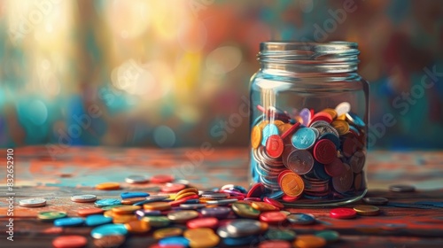 Savings jar overflowing with plasticine coins. - photo