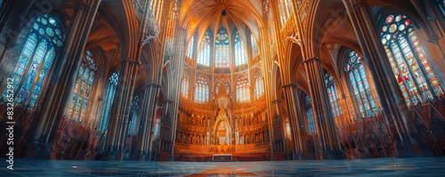 A grand cathedral interior with stained glass windows and a high vaulted ceiling. photo