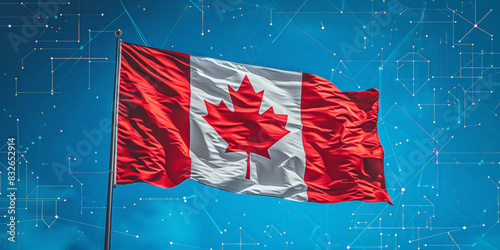 Canadian flag waving against a blue digital background, representing technology and patriotism. Canada Day.