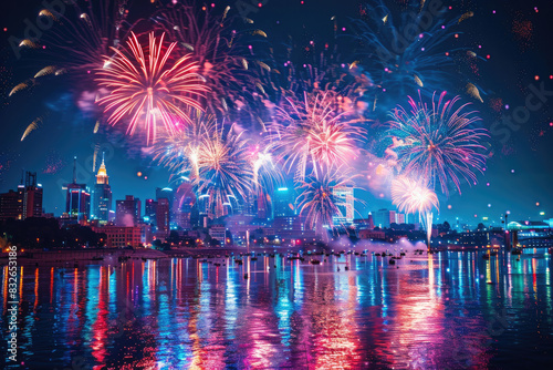 A vibrant fireworks display explodes over a city skyline, reflecting in the tranquil water below.