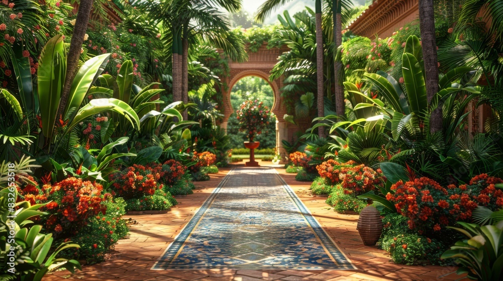 Serene garden pathway with vibrant flowers and lush foliage Serene garden pathway with vibrant flowers and lush foliage