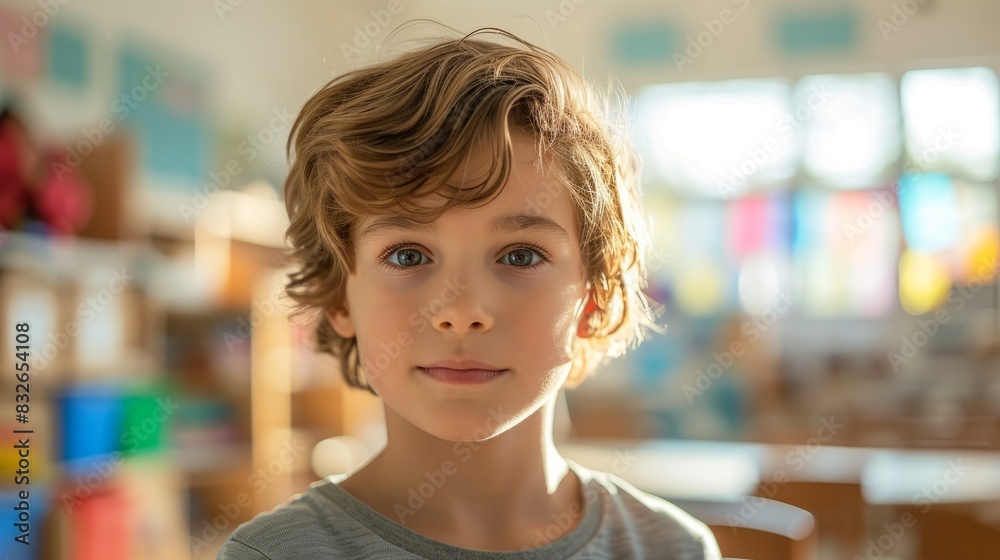 Portrait of cute boy in classroom at school. Selective focus. Portrait of cute boy in classroom at school. Selective focus.