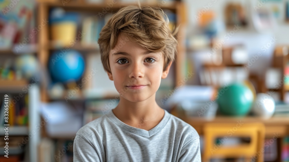 Portrait of a cute little boy smiling at camera in his room