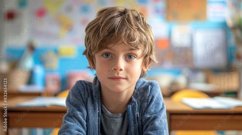 Portrait of cute boy with blue eyes looking at camera in classroom Portrait of cute boy with blue eyes looking at camera in classroom