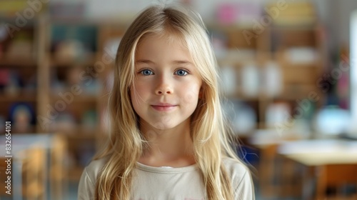 Portrait of a cute little girl with blond hair and blue eyes