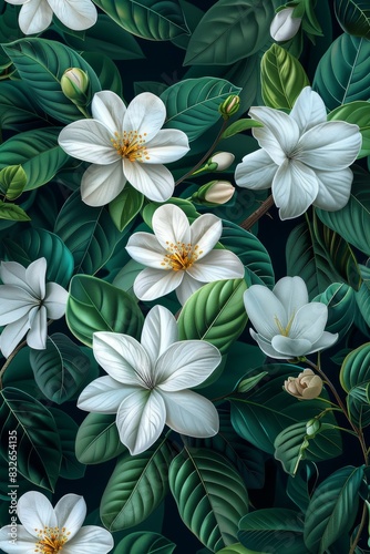 White Flowers and Green Leaves Painting