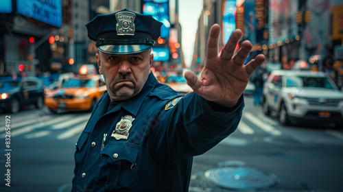 A police officer is standing on a street corner and pointing his hand in the air