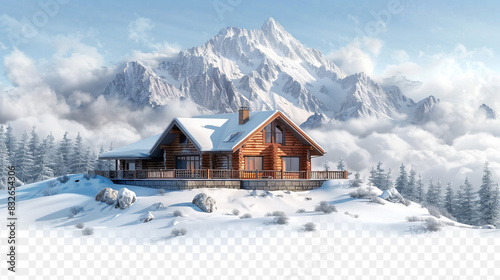 A cozy mountain chalet with snowy peaks in the background.