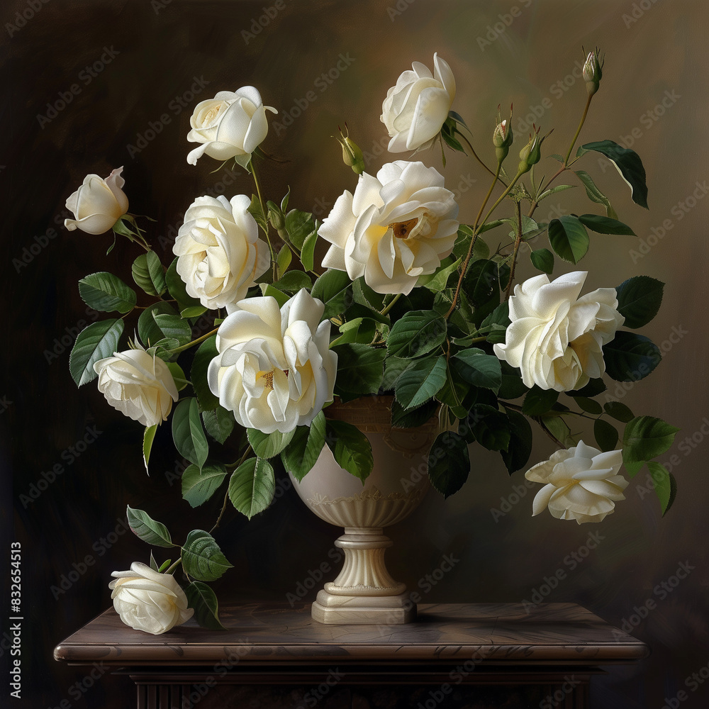 Obraz premium A pristine bouquet of white roses, arranged delicately with each bloom displaying purity and elegance.
