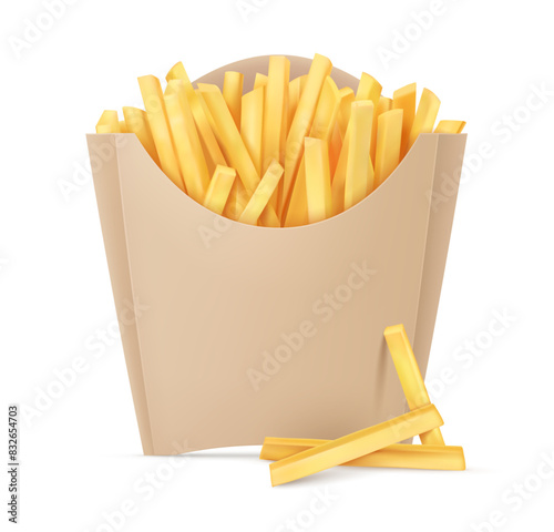 French fries. Fried french potatoes kraft paper box. Snack fast food takeaway. Popular roasted potato chips sticks snack packing, isolated on white background. Realistic. Vector illustration.