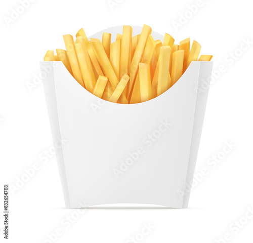 French fries. Fried french potatoes paper box. Snack fast food takeaway. Roasted potato chips sticks snack cardboard packing, mockup isolated on white background. Realistic. Vector illustration.