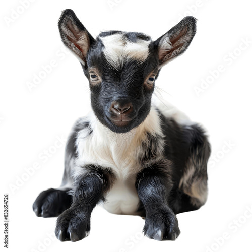 Adorable black and white baby goat sitting and gazing with curiosity. Perfect for farm and animal-themed stock photos.