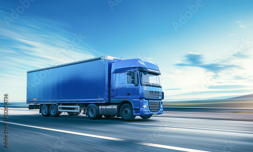 Blue truck is traveling at speed on a freeway. The concept of reliable cargo transportation.