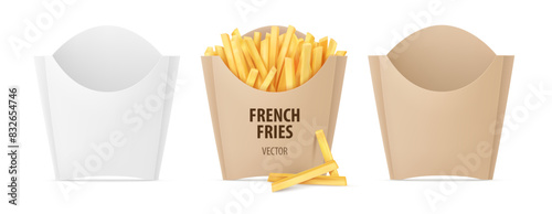 French fries packs set. Fried french potatoes kraft paper box. Snack fast food takeaway. Popular roasted potato chips sticks packing, isolated on white background. Realistic. Vector illustration.