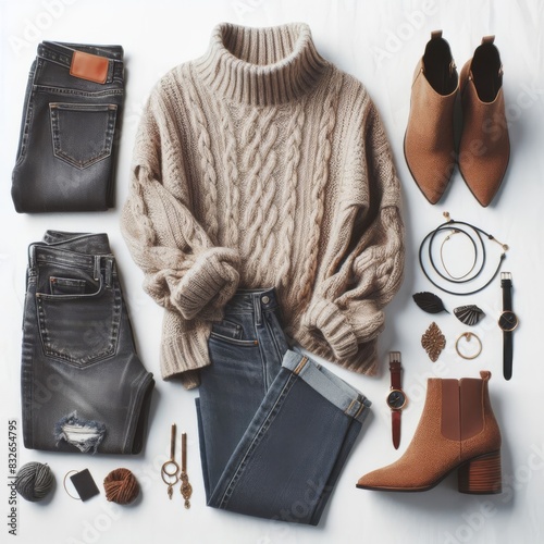 Flat lay of a chic winter outfit featuring a cable knit sweater, dark jeans, and brown ankle boots, accessorized with matching items, ideal for a fashionable winter style.. AI Generation