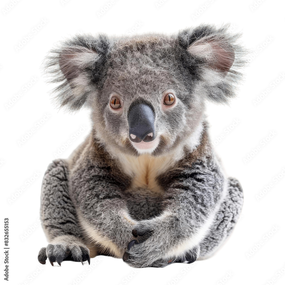 Naklejka premium Close-up image of a cute koala sitting down, showcasing its furry body and adorable face, isolated on a white background.