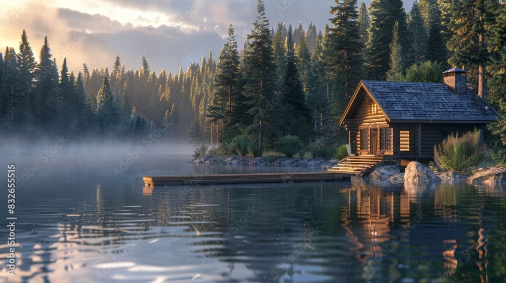 Fototapeta premium Serene lakeside cabin at sunrise