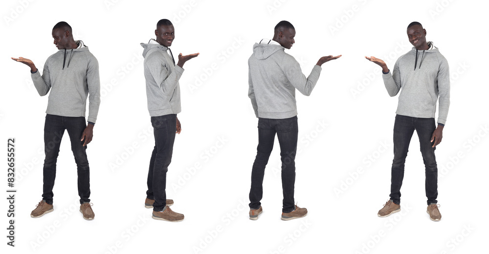 Obraz premium line of a group of same man showing an imaginary object in her hand on white background.