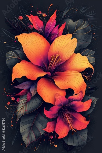 Bouquet of Flowers With Leaves on a Black Background