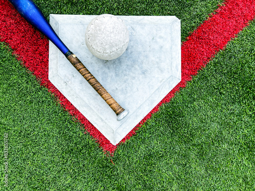 Photography Softball Equipment on Green Turf Field with Red Lines