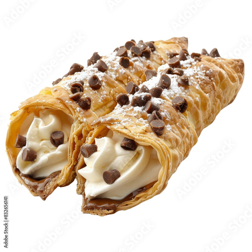 Delicious chocolate chip cannolis with creamy filling, dusted with powdered sugar, perfect for dessert or a sweet treat.