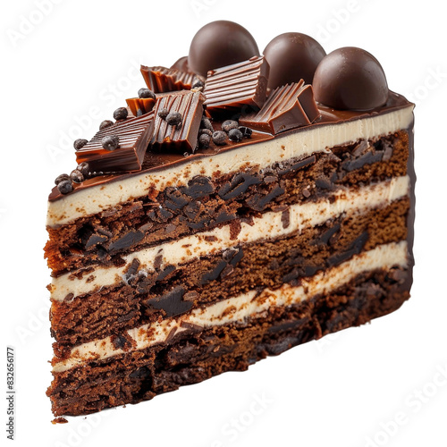 Delicious chocolate mousse layer cake with dark chocolate shavings and truffles on top, perfect for dessert lovers and special occasions. photo