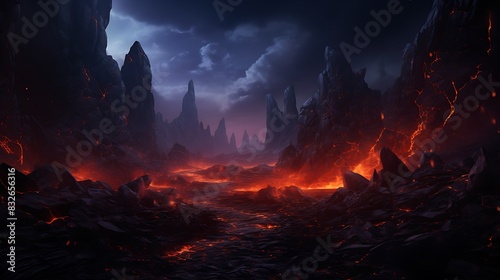 Volcanic Lava Flow  Glowing lava streams down a dark rocky landscape under a starry night sky.