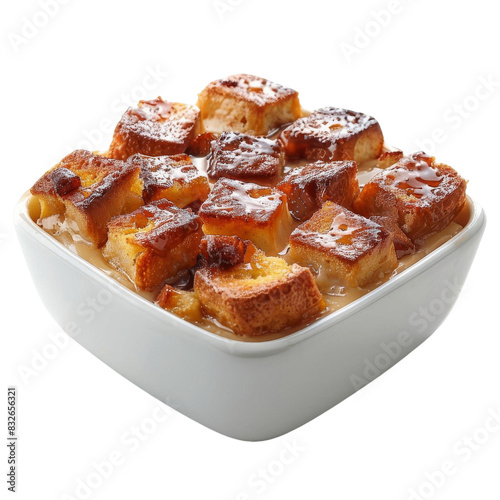 Delicious homemade bread pudding with caramelized top in a white dish. Perfect dessert for any occasion.