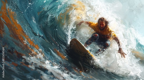 Intense surfing action in a majestic wave