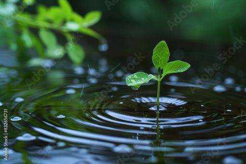 A small plant is floating in a puddle of water