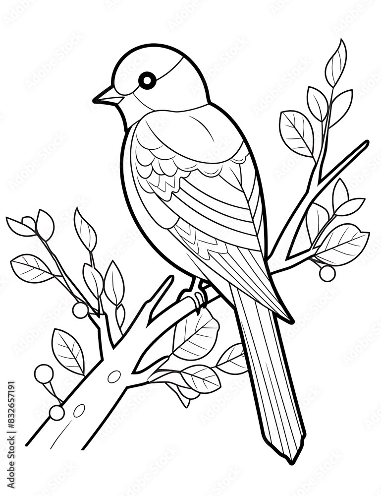 Bird Sitting on a Branch, summer bird coloring pages for kids and adults Bird Sitting on a Branch, summer bird coloring pages for kids and adults