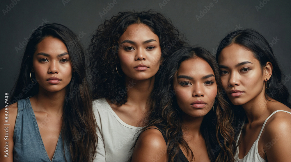 Obraz premium A diverse group of women of different ages, races, and styles stand together, exuding a sense of unity, strength, and empowerment