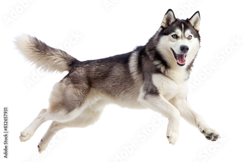 Happy Siberian Husky dog leaping joyfully against a transparent background, showcasing its playful and energetic nature.